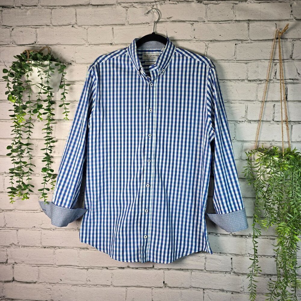 NICK GRAHAM EVERYWHERE BUTTON DOWN BLUE AND WHITE WITH CONTRAST COLLAR&CUFF L